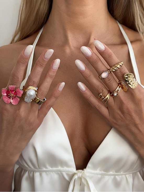 Anthropologie Jewelry - Anthropologie Gold & Pink Flower Statement Stackable Pearl Ring Set